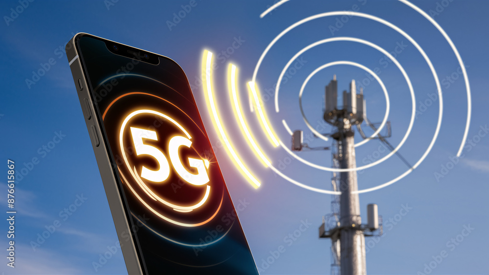 Poster advanced 5g network connection with modern smartphone and cellular tower illustrating high-speed wir