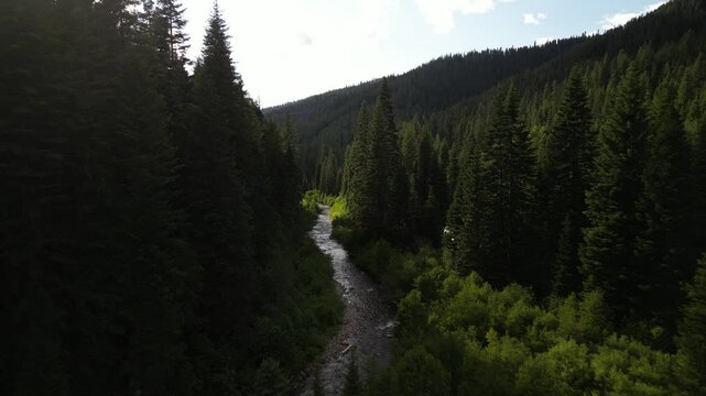 Aerial above creek at sunset with RV camping in Idaho mountains