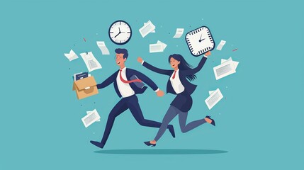 Deadline, Work Productivity, Time Management in Business Process Concept. Busy Businessman and Businesswoman Characters stock illustration 