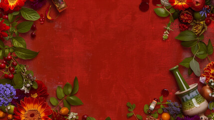 eady to print e book cover with red velvet background, and on the edges put a lot of toprical colorful flowers, herbs