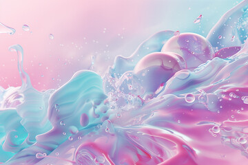 Abstract Liquid fluid beautiful clear crystal water waves and bubbles. Colorful pastel iridescent holographic background.