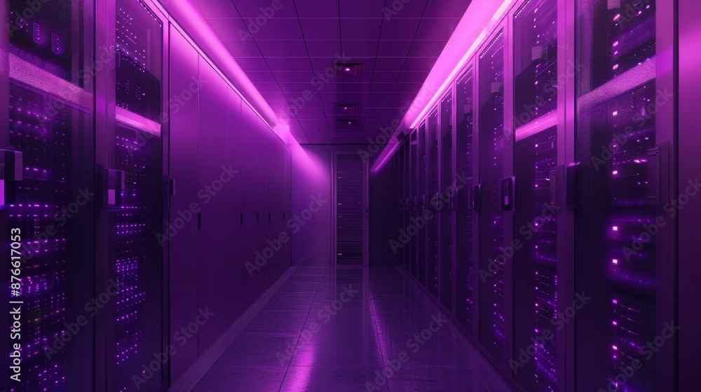 Aufkleber illuminated purple lights illuminate data center hallway with rows of servers, technology and innova