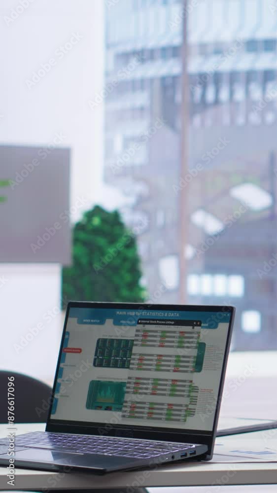 Poster vertical video empty company financial department with stock portfolio on device containing collecti