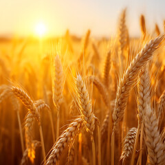 Fototapeta premium Wheat field. Ears of golden wheat close up. Beautiful Nature Sunset Landscape.