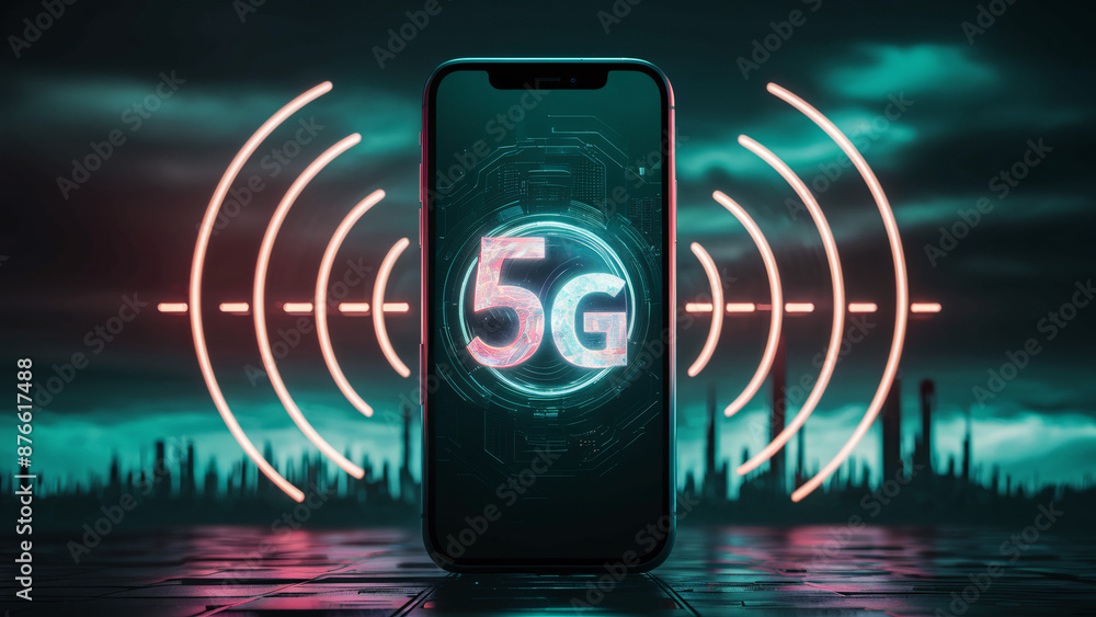 Aufkleber cutting-edge 5g network concept with smartphone displaying high-tech 5g symbol against a neon-lit fu