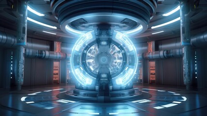 Futuristic sci-fi energy core with circular light portal. 3D image for technology, science fiction, and advanced machinery. Futuristic laboratory room with energy core with glowing light. AIG35.