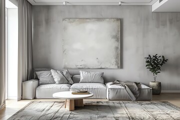 Modern living room with white sofa, grey rug and wooden coffee table.