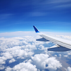 Obraz premium Airplane wing on blue sky background. 3d render illustration.