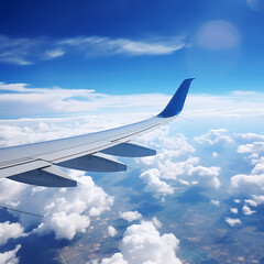 Obraz premium Airplane wing on blue sky background. 3d render illustration.