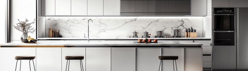 Modern minimalist kitchen interior design with marble countertop.