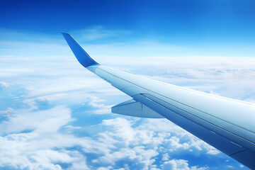 Obraz premium Airplane wing on blue sky background. 3d render illustration.