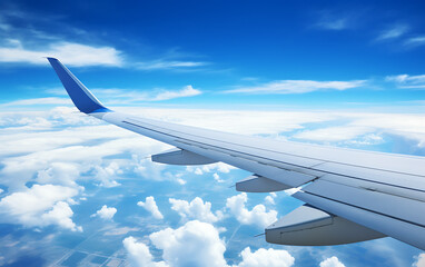 Airplane wing on blue sky background. 3d render illustration.