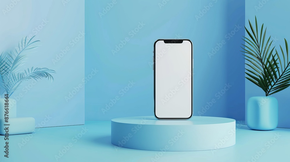 Poster empty white smartphone on geometric block pedestal on blue background with mock up place. 3d renderi