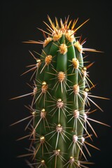 Close up of a cactus with golden beads on its thorns against a black background