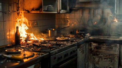 Fire-scorched kitchen with burnt appliances, cooking fire, household danger