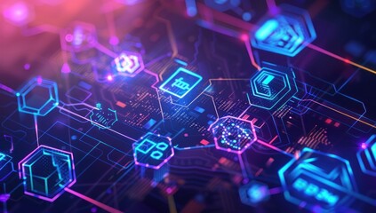 Abstract Digital Circuit Board with Neon Icons