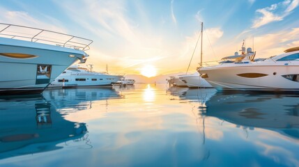 Fototapeta premium Scenic marina with a chain of boats and yachts, demonstrating coordinated functions and luxury amenities, a hub of nautical activities