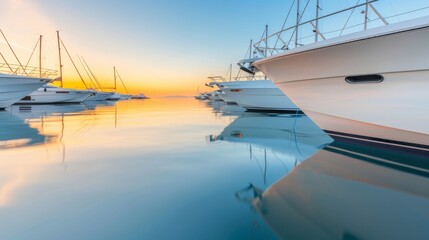 Fototapeta premium Serene marina at sunrise, luxury yachts and sailboats anchored, calm waters reflecting the sky, peaceful and picturesque scene
