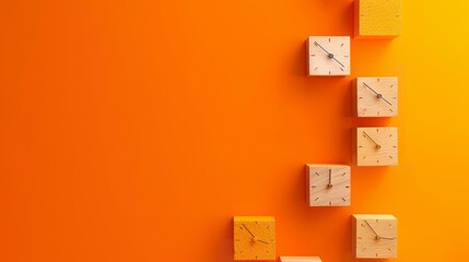 Wooden blocks with a timeline and milestones on an orange background, representing project management and planning. Flat lay. High quality, no realistic photo details