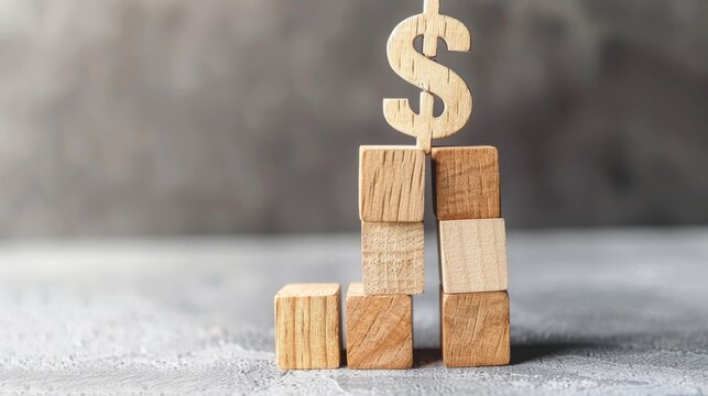 Wooden blocks with a dollar sign and arrow up on a grey background, representing financial success and wealth. Flat lay. High quality, no realistic photo details
