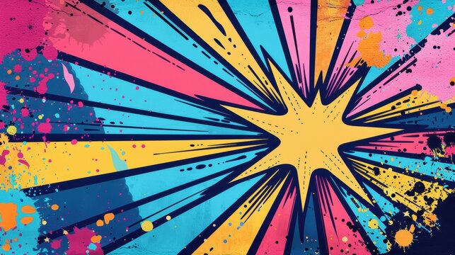 Superhero party invitation featuring a vibrant explosion background, bold colors, space for party information - Powered by Adobe