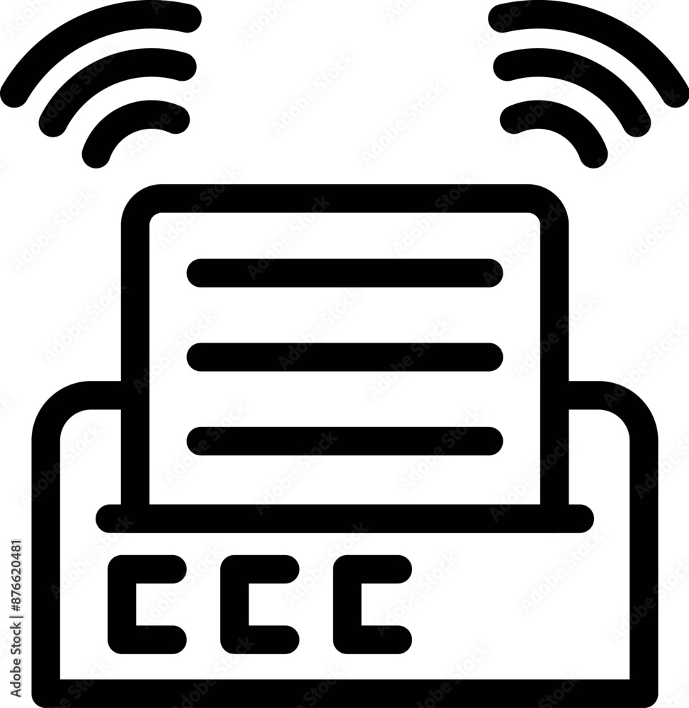 Aufkleber line art icon of a fax machine receiving a document wirelessly using radio waves