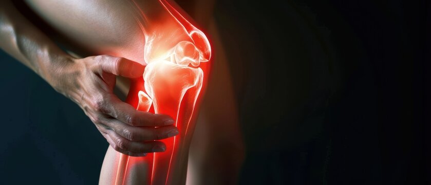 Visual of joint pain with highlighted red areas around the knees and elbows, sharp lines indicating discomfort