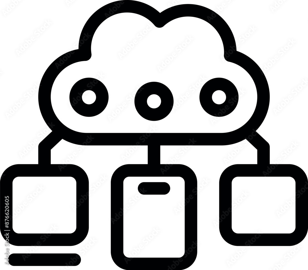 Poster simple line art icon of a cloud connecting different electronic devices, representing the concept of