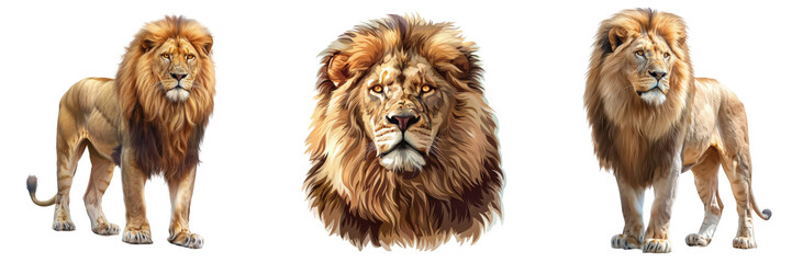 Three lions are shown in a row, isolated on transparent background