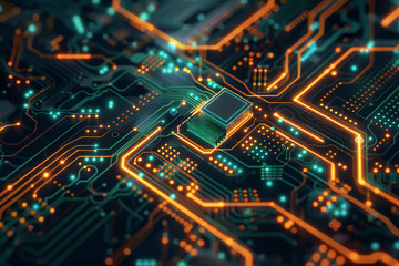 Obraz premium Futuristic Circuit Board with Neon Lights Showcasing Advanced Technology and Glowing Circuits