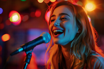 Joyful Woman Singing on Stage with Colorful Lights in a Vibrant Live Performance