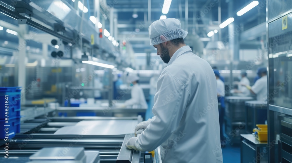 Poster an engineer attentively monitors automated robotic arms in a high-tech industrial setting, highlight