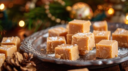 Festive plate of homemade fudge squares with holiday decor