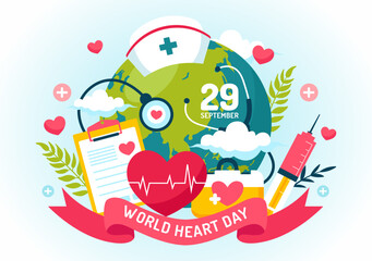 Fototapeta premium World Heart Day Vector Illustration on 29 September to Raise Awareness About the Importance of Health, Care, and Disease Prevention in the Background