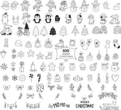 Cute Christmas element cartoon bundle outline,hand drawn, for Christmas ,kids,baby animal characters, card.vector illustration	
