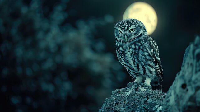 A small owl is perched on a rock in the dark of night
