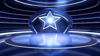 Naklejka premium Futuristic Stage Design with Glowing Star Symbol and Blue Lighting