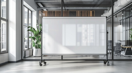 Large empty white wide whiteboard on wheels in a bright modern office space, Ai generated Images