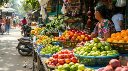 A Vibrant Snapshot of a Colorful Street Market Bursting with Exotic Fruits and Culture