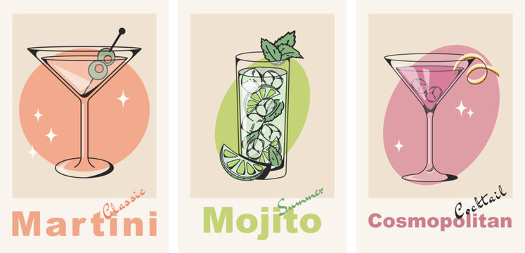 Set of posters with cocktails in retro style. Alcoholic drinks in glasses. Martini, Mojito and Cosmopolitan. Minimalistic modern vertical print. Flat illustration