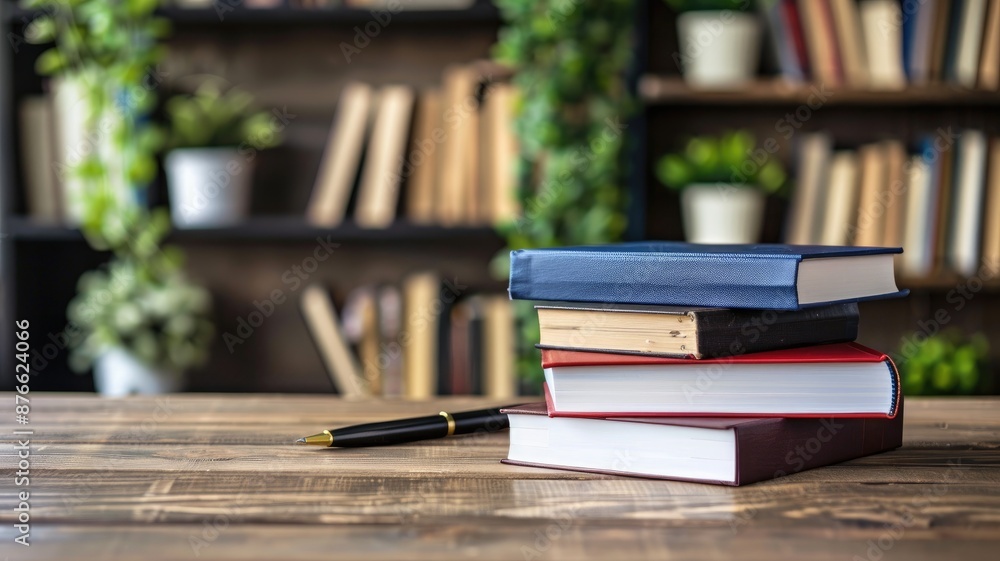 Poster stack of books and pen on wooden table with bookshelf background