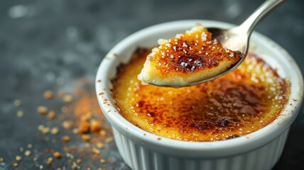 Rich, creamy creme brulee with caramelized sugar topping in white ramekin