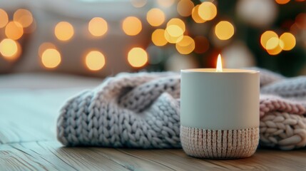 Cozy Winter Evening with a Warm Candle and Soft Knit Blanket, Perfect for Relaxing and Enjoying Companionship