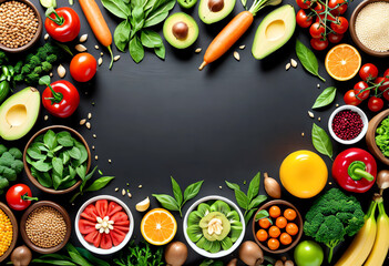 banner flat lay with copy space Rows of healthy vegetable food on black background