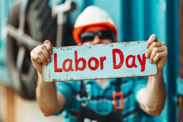 Labor Day celebration worker holding up weathered retro-style sign in industrial construction site with vintage look