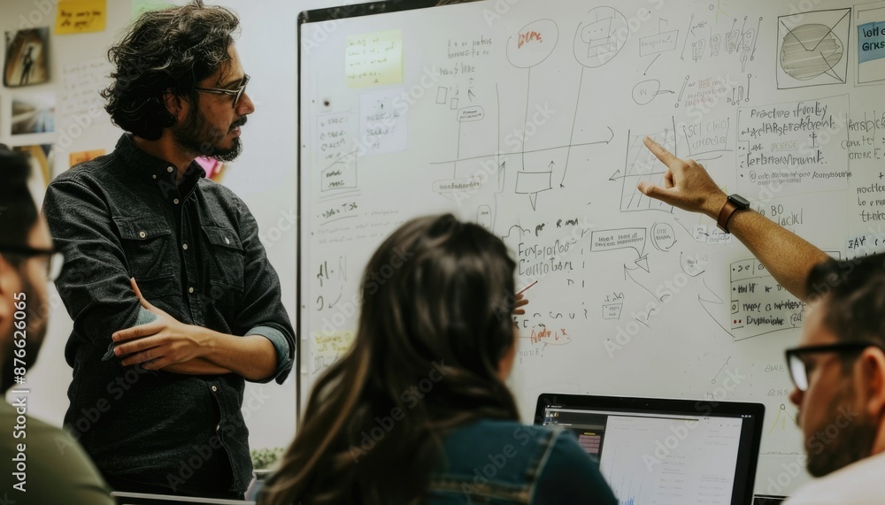 Poster engineers collaborate in a hightech lab to develop advanced humanoid robots powered by artificial in