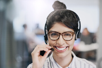 Happy, woman and advisor with portrait in call center for career in telemarketing, inbound and customer service. Girl, headset and consulting for multilingual technical support, translation and crm.