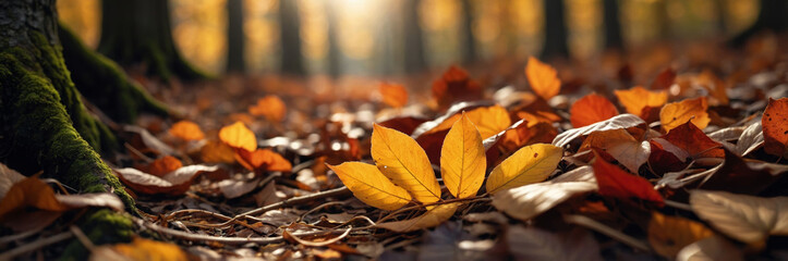 Sunlit Autumn Leaves on Forest Floor