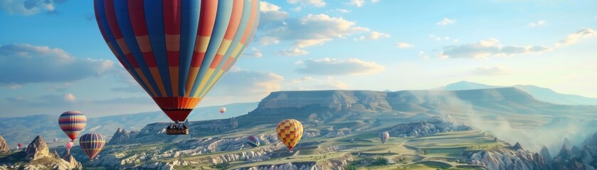 Fototapeta premium Vivid Joy: Colorful Hot Air Balloons Drifting Above Picturesque Valley in Exciting Adventure