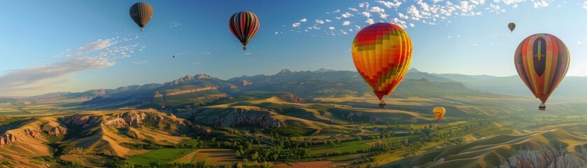 Fototapeta premium Joyful Adventure with Colorful Hot Air Balloons Floating Over Scenic Valley